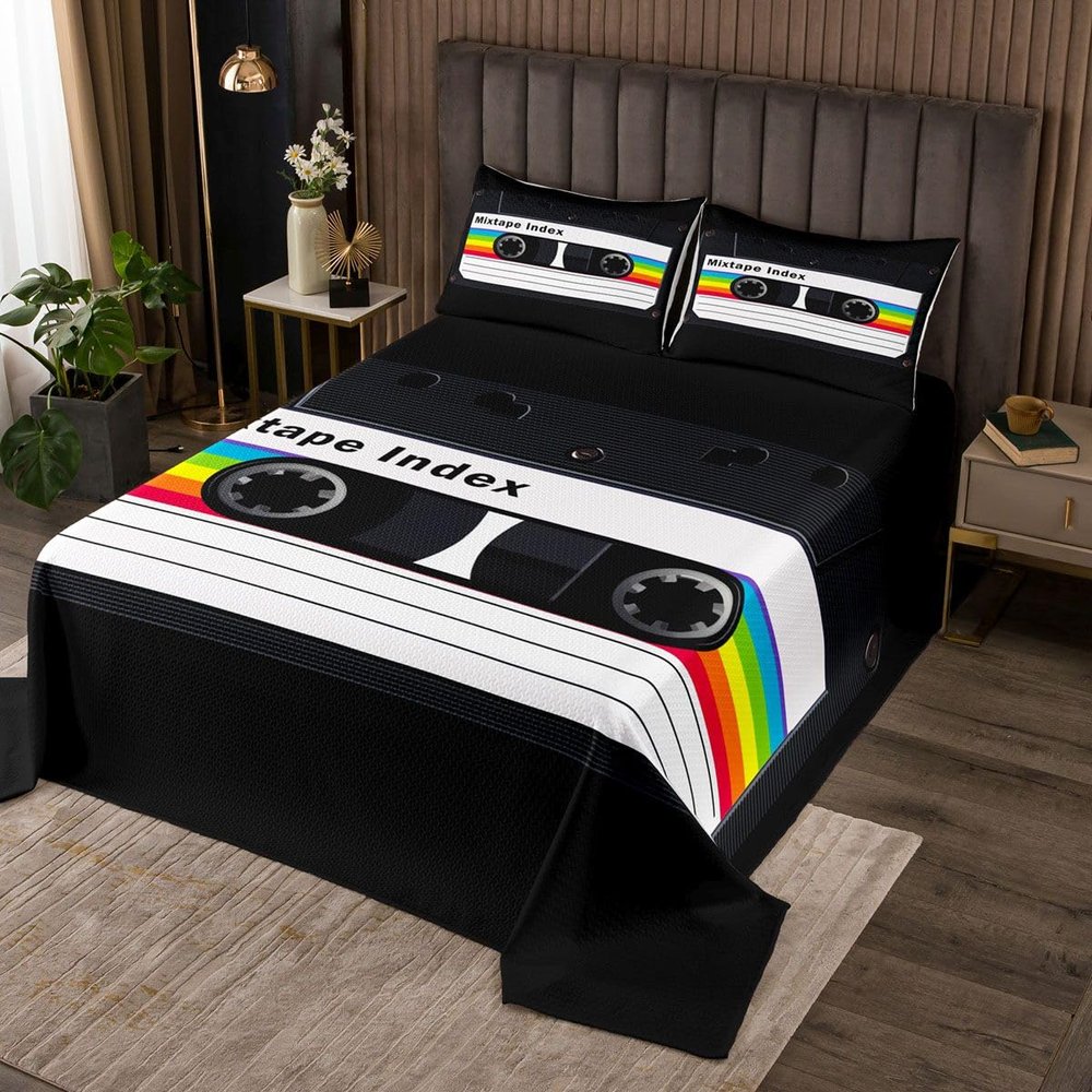 Erosebridal Classical Music Theme Bedspread King Size Rainbow Plastic Tapes Quilt Set, Old Fashion Mix Tape Coverlet Set Black Retro Audio Cassette Bedding Set, Music Record Player Bed Cover