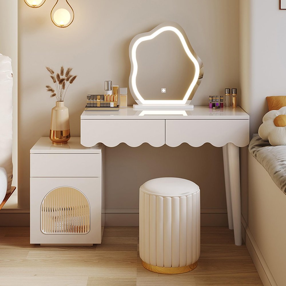 YUGXTH Vanity Desk, Dressing Table with Adjustable Led Lighting Mirror and Side Cabinet, Makeup Vanity with Stool and 1-2 Drawers(WhiteA,60cm/23.6in)