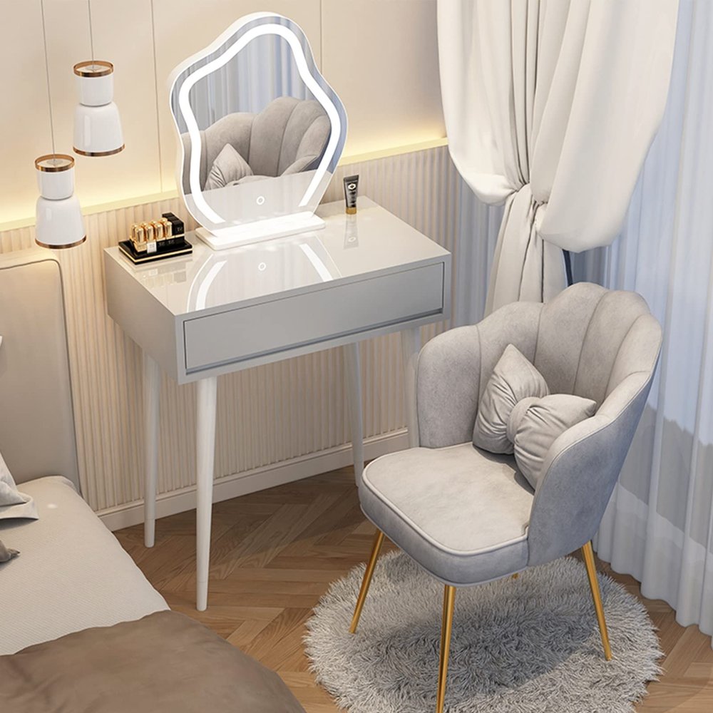 YUGXTH Vanity Desk with Illuminated Mirror, 3 Color Lighting Modes, Dressing Table with 1-2 Drawers, Makeup Vanity with Soft Padded Stool(GrayA,60cm/23.6in)