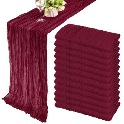 12 Pack 13Ft Cheesecloth Table Runner 35x157 Inch Boho Gauze Rustic Long Table Runner for Wedding Bridal Shower Birthday Party Table Decor (Burgundy)