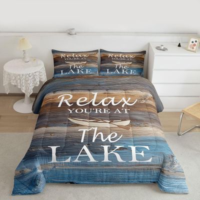Erosebridal Lake Comforter Set Full The Lake House Decor for The Home,Rustic Farmhouse Cabin Lodge Watercolor Wooden Plank Bedding Set Lake Life Decor for Women,Lake Paddle Boat Quilt Lake Decor