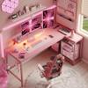 Bestier L Shaped Gaming Desk with Power Outlets,58 LED Small Corner Desk with Reversible Storage Shelves,Pink Computer Desk with Headset Hooks Desk for Living Room and Dormitory view 4