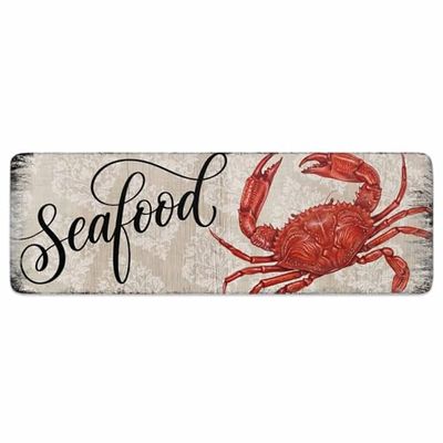 Welcome Doormat,Retro Red Crab Wood Grain Absorbent Non Slip Bath Rug,Coastal Ocean Marine Life Washable Carpet for Kitchen Bathroom Front Door Entryway Decor 20x47In