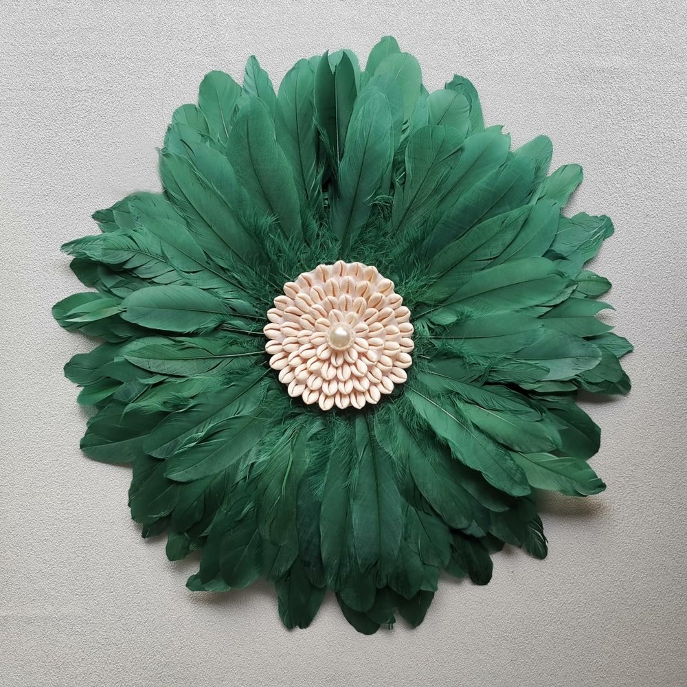 Teinopalpus Flower Wall Decor Multiple Layer Handcrafted Feather JUJU HAT Decoration Cowrie Shells for Balcony Patio Porch Bedroom Living Room Garden,Grey 18" in (Green 22" in, 55cm / 22" in)