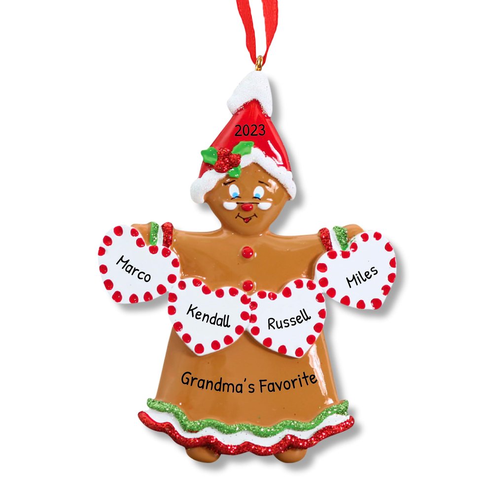 3D Gingerbread Family of 4 Christmas Ornament 2025 Personalized Family Christmas Ornaments 2025 | Personalized Tree Ornaments Customizable Gifts Grandma Gingerbread of Four Grandkids Heart Ornament