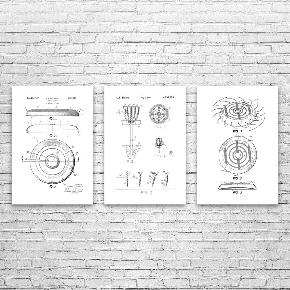 Patent Earth Disc Golf Posters Set of 3 (8x10), Disc Golf Art, Man Cave Decor, Garage Art, Disc Golf Gifts, Sports Posters, Gifts For Men Black & White