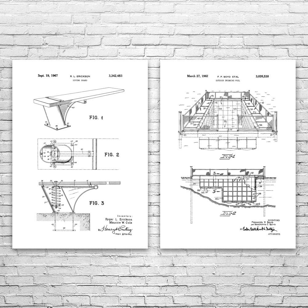 Swimming Pool Patent Prints Set of 2 (16x20), Swimming Gifts, Sports Art, Athlete Gifts, Classroom Decor, Swim Teacher Gifts Black & White