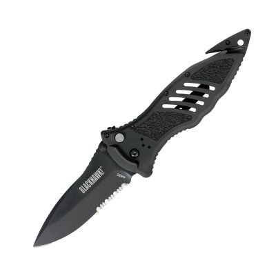 BLACKHAWK Large Button Lock Folding Knife, 3-3/4 D2 Tool Steel, Partially Serrated Blade with Seatbelt Cutter and Glass Breaker (BH15M311BK)