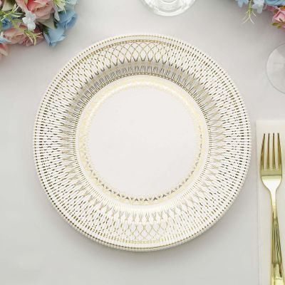 Efavormart 25-Pack 10" White and Gold Vintage Porcelain Style Paper Dinner Plates, 300 GSM Heavy Duty Disposable Serving Plates for Formal Weddings