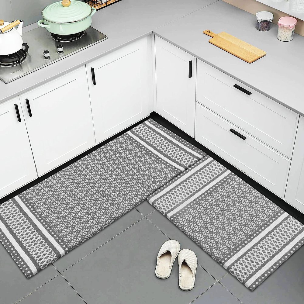 Anti-Fatigue Standing Cushioned Kitchen Bath Mats [Set of 2] - 18''x48'' | 18''x30'' | Comfort and Support for Long Hours | Non-Slip, Water-Resistant Foam (Diamond Gray)