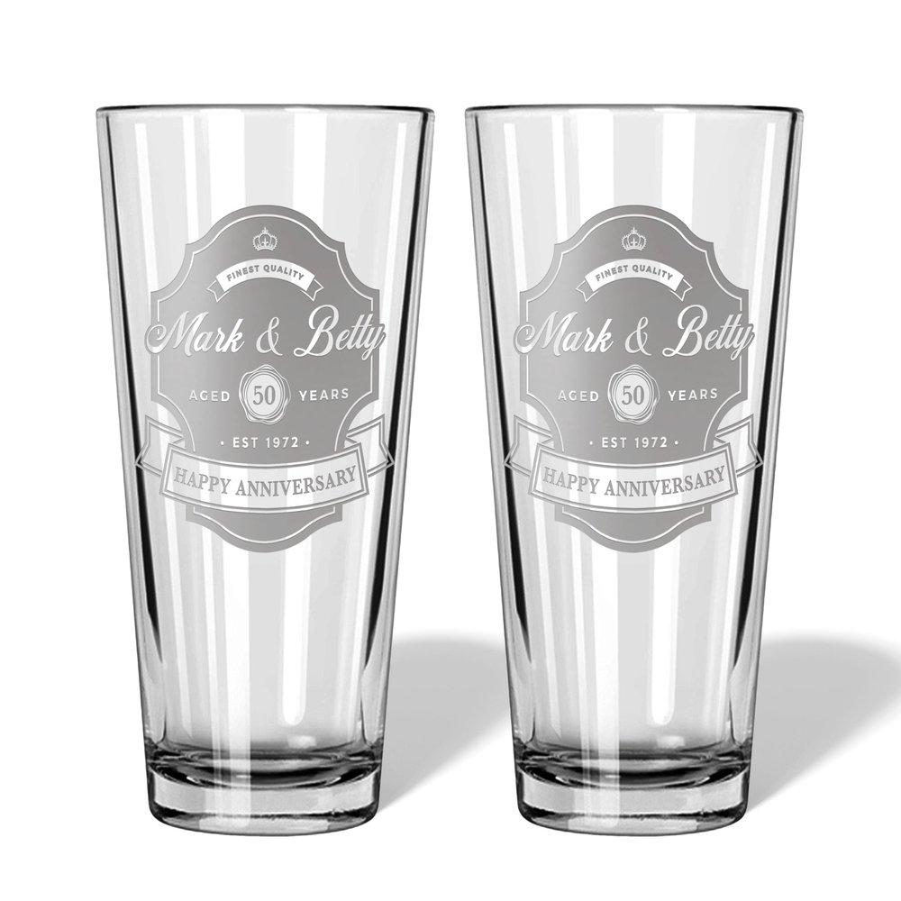 Alterd Industries Personalized Engraved Wedding Anniversary Beer Pint Glasses Gift Box Set - 50th Anniversary Wine Glasses for Couples | Vintage Anniversary Gift (Pint Glasses)