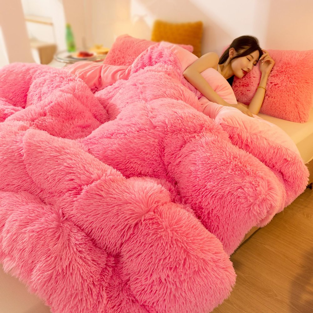 AETVRNI Luxury Plush Shaggy Thick Faux Fur Comforter Warm, Big Heavy Winter Extra Fluffy Comforter Set, Ultra Soft Thick Blanket Casual All Season Bedding 1 Piece,Pink,Twin