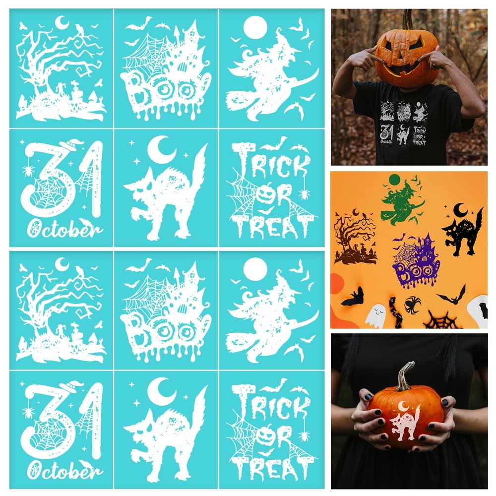 BEUNITONE 2 PCS Halloween Silk Screen Stencil 11x8.5 Reusable Self-Adhesive Silk Screen Printing Stencils Trick or Treat Black Cat Mesh Transfer Stencils for Wood Fabric Wall Painting Decor