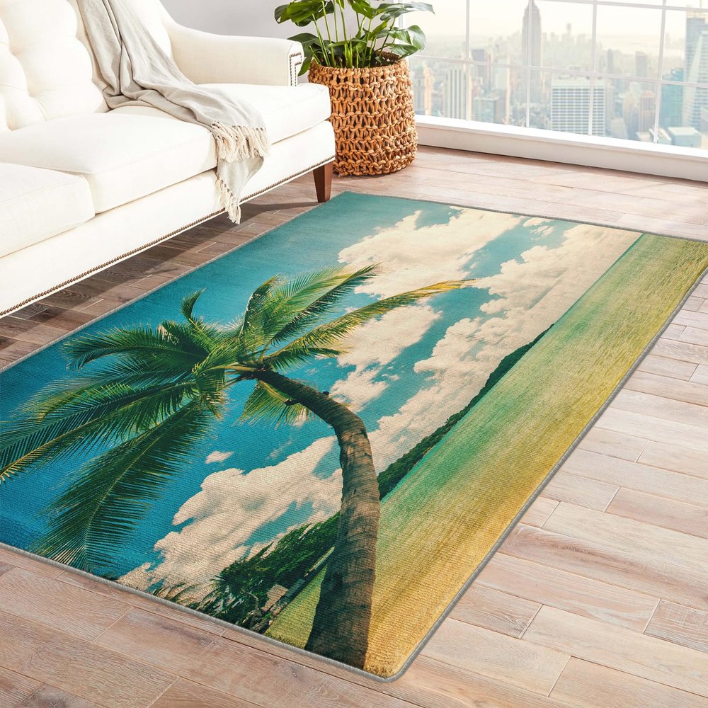 2x3 Rug, Palm Tree Rugs for Entryway Living Room Bedroom, Tropical Small Area Rug & Bedroom Decor, Washable Non Slip Soft Low Pile Indoor Door Mat, Home Decorative Patterned Carpet