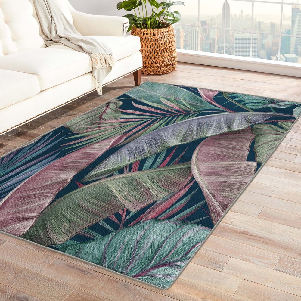 4x6 Rug, Tropical Rugs for Living Room Bedroom, Banana Palm Leaf Area Rug & Bedroom Decor, Washable Non Slip Soft Low Pile Indoor Carpet, Home Decorative Patterned Floor Rug
