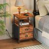 Furologee End Table with Charging Station, Nightstand with Fabric Drawers, Side Table with USB Ports & Outlets, Night Stand with Storage Shelf & Hooks, for Living Room/Bedroom, Rustic Brown view 2