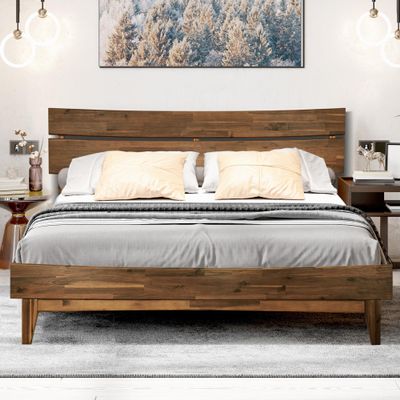 Acacia Aurora Solid Wood Platform Bed with Headboard, Wood Bed Frame Queen Size, Easy Assembly, No Box Spring Needed, 800 lbs Capacity Compatible with All Mattress Types, Wood Slats Support, Walnut