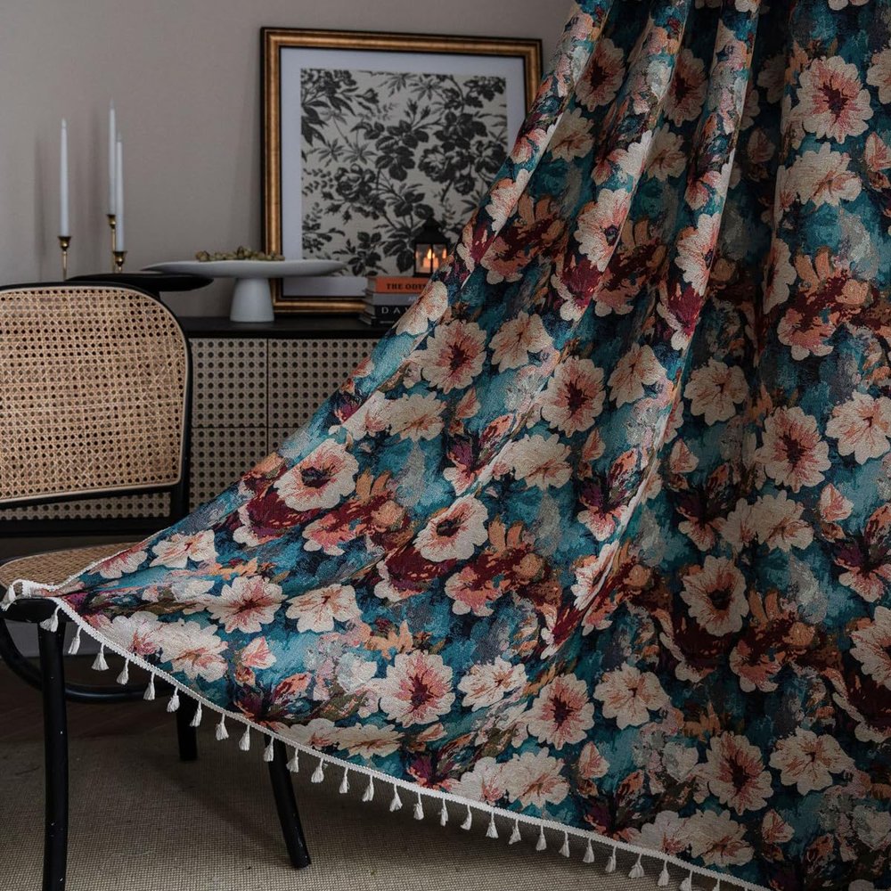 AZIMUZIXI Boho Curtains with Tassels 96 Inches Long Bedroom Living Room,Bohemian Rustic Antique Oil Painting Kapok Floral Blossom Semi-Sheer Window Curtain Drapes,2 Panels (Each W55 X L96 Inch)