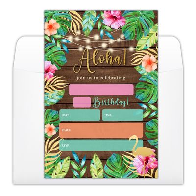 Aloha Luau Tropical Birthday Party Invitations Cards with Envelopes, Hawaiian Summer Pool Party Invitations, Birthday Celebration Supplies, Double-sided Fill-in bday Invites for Boys Girls - C04
