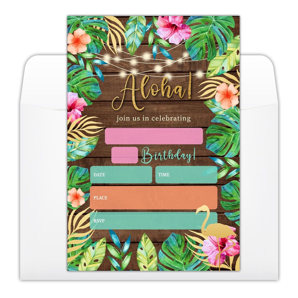 Aloha Luau Tropical Birthday Party Invitations Cards with Envelopes, Hawaiian Summer Pool Party Invitations, Birthday Celebration Supplies, Double-sided Fill-in bday Invites for Boys Girls - C04
