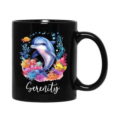 Personalized Name Dolphin Coffee Mug Cup 11 Oz 15 Oz, Customized Floral Dolphin Black Ceramic Mug Gift For Friend Coworker, Dolphin Lover Coffee Cup, Ocean Sea Dolphin Animal Mug Gifts For Birthday