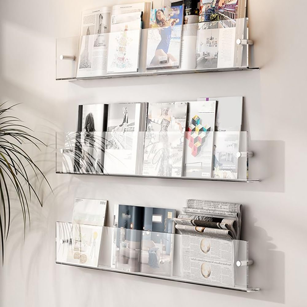 KWOKING Modern Acrylic Floating Bookshelf 5.9"H Wall Mounted Bookcase Picture Book Magazine Rack Wall Rack Wall Mount Bookshelf Decoration Newspaper Display Rack Book Rack Clear 27.6"L x 1.4"W x 5.9"H