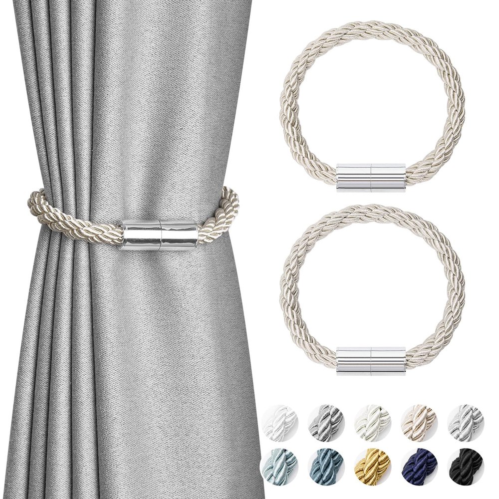 NICEEC 2 Pack Mini Magnetic Curtain Tiebacks Modern Simple Style Drape Tie Backs Elegant Decorative Weave Rope Curtain Holdbacks for Home & Office Thin Window Draperies (Beige)