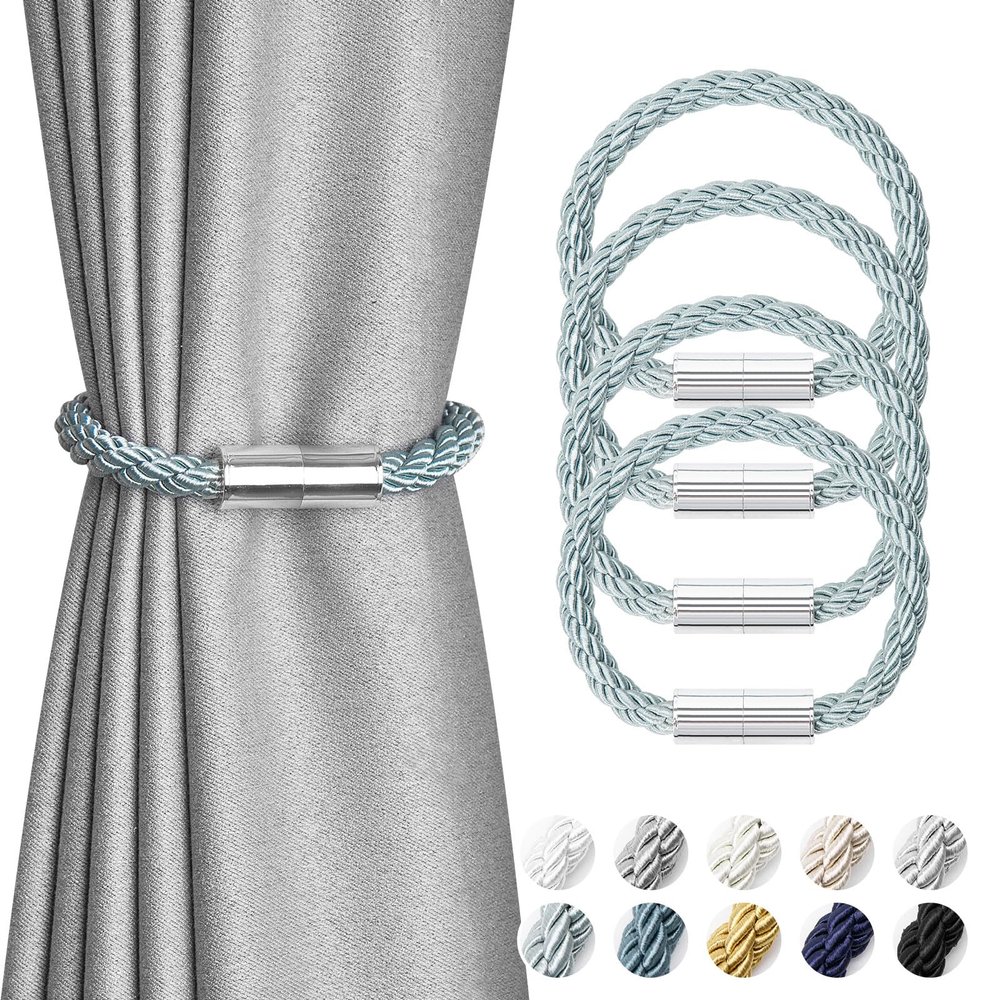 NICEEC 4 Pack Mini Magnetic Curtain Tiebacks Modern Simple Style Drape Tie Backs Elegant Decorative Weave Rope Curtain Holdbacks for Home & Office Thin Window Draperies (Blue-Grey)