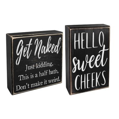 2PCS Funny Bathroom Sign Decoration Box Bathroom Sign Plaque 5"x6" Toilet Decor Rustic Wood Plaque - Funny Bathroom Signs