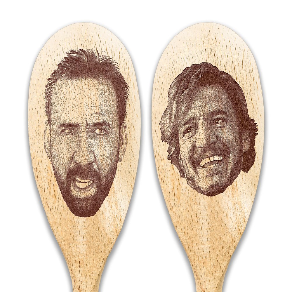 Nicolas Cage & Pedro Pascal Spoons Set Funny Meme Nic Cage Face On Wooden Spoon Pedro Pascal Merch On Things Fan Gifts For Birthday Housewarming Gift (2 Spoons CAGE&PASCAL)