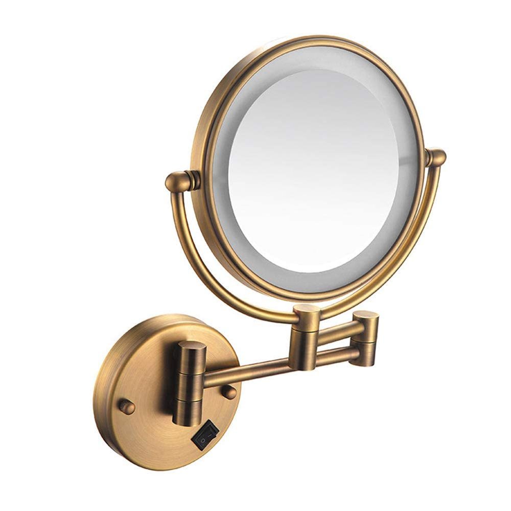 8 in Makeup Mirror Wall Mount LED Lighted Wall-Mounted Bathroom Mirror with Lights and 3X Magnification, Lighted Wall Mount Mirror Double Sided Swivel Extendable, Round,Rose Gold,Hardwire ( Color : Br