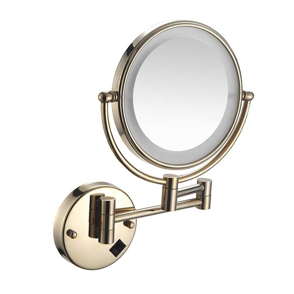 8 in Round Wall-Mounted Bathroom Mirror LED Lighted Makeup Mirror Wall Mount with Lights and 3X Magnification, Lighted Wall Mount Mirror Double Sided Swivel Extendable,Nickel (Color : Light Gold, Si