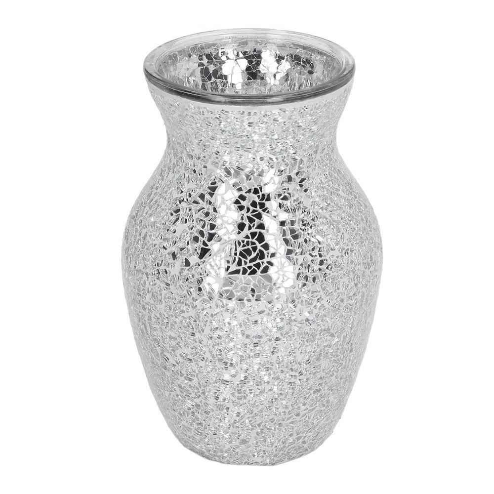 Firlar Mosaic Glass Flower Vase, Silver Glass Vase, Shiny Modern Mirrored Vase, Glitter Mosaic Table Centerpiece Container for Home Living Room Office Decor