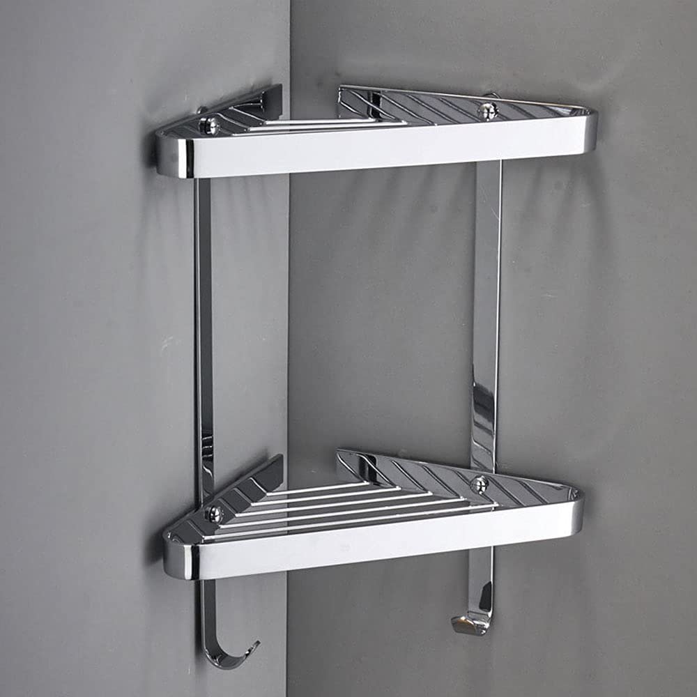 Shower Shelf,Bathroom Corner ShelfShower Rack Basket Chrome Shower Caddy Brass Baskets 2 Tier Corner Shelves with Hook Rust Free Bathroom Accessories Sets Bath Tidy Organiser Shampoo Holder Storage R