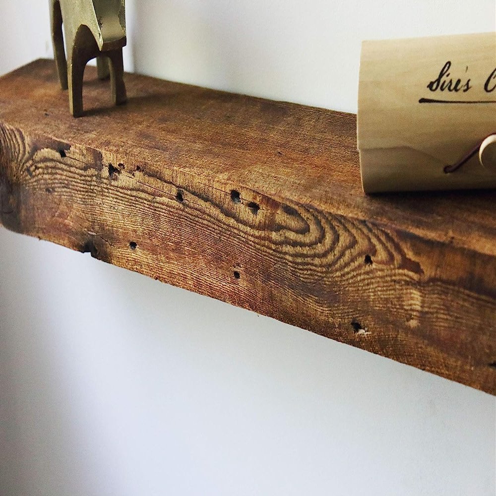 Modern Timber Craft Reclaimed Wood Fireplace Mantel Shelf | Solid Rustic American Barnwood with Floating Shelf Brackets | 2.75" Thickness | 54" L x 7" D, Rustic Original - Oiled