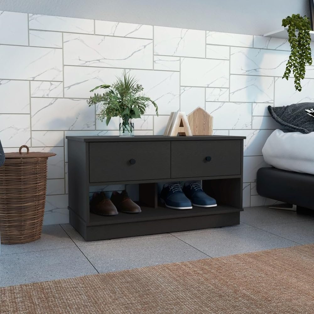 Storage Bench Beji, Lower Shelf, Two Drawers - Black