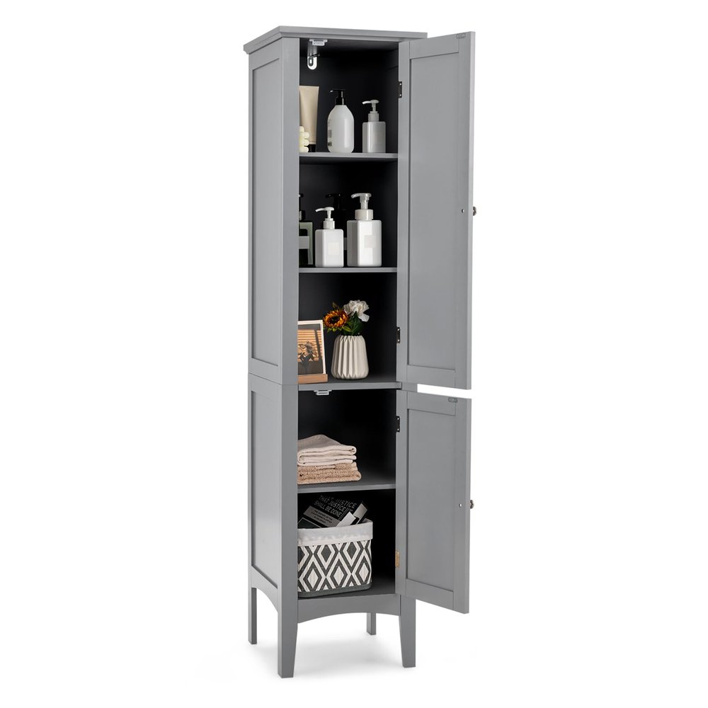 COSTWAY Tall Bathroom Storage Cabinet, 5-Tier Freestanding Linen Tower Cabinet with 2 Doors, Wooden Side Storage Organizer, Narrow Slim Floor Cabinet for Bathroom, Living Room, Kitchen (Grey)