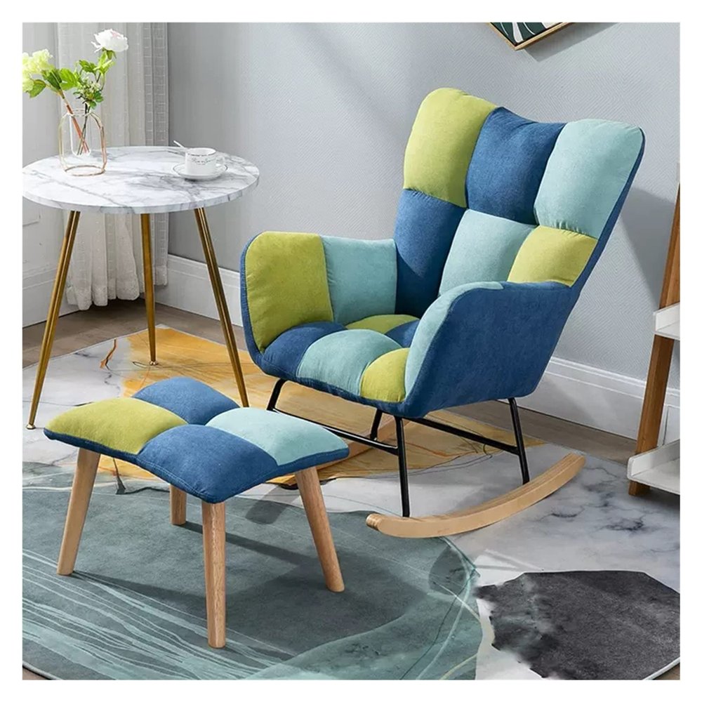 Accent Rocking Chair Mid Century Velvet Rocker Chair with Ottoman Uplostered Glider Rocker Armchair for Baby Nursery,Comfy Side Chair with High Backrest for Living Room (Color : Blue-2)
