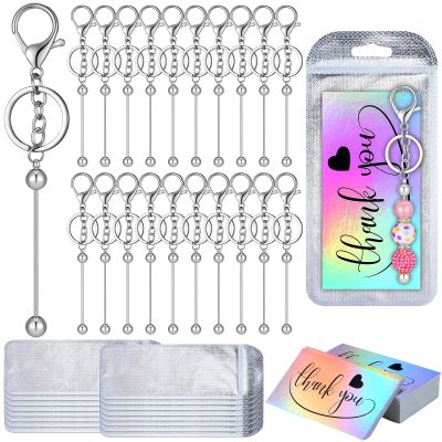 Sasylvia 60 Pcs Beadable Keychain Bars Bulk Making Kit 20 Beaded Keychain 20 Bag 20 Thank You Cards for DIY Keyrings Charms(Silver)