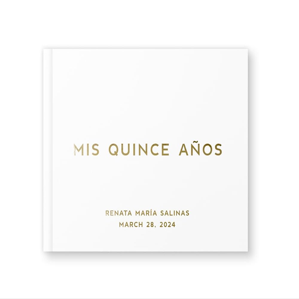 Quinceanera Guest Book Mis Quince Sweet 15 Birthday for Daughter, Quinceanera Idea Personalized Photo Book with Foil - White Gold (10x8)