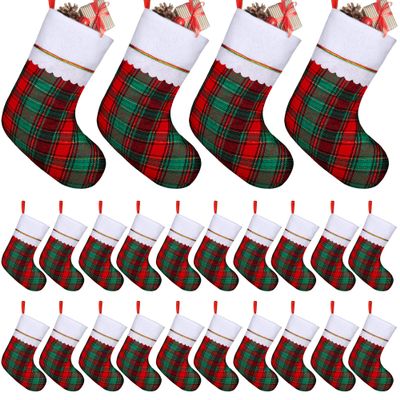 Fovths 24 Pack 18 Inch Red Green Buffalo Plaid Christmas Felt Stockings with White Plush Trim Large Red Buffalo Plaid Fireplace Hanging Stockings for Family Holiday Decoration Christmas Party Favors