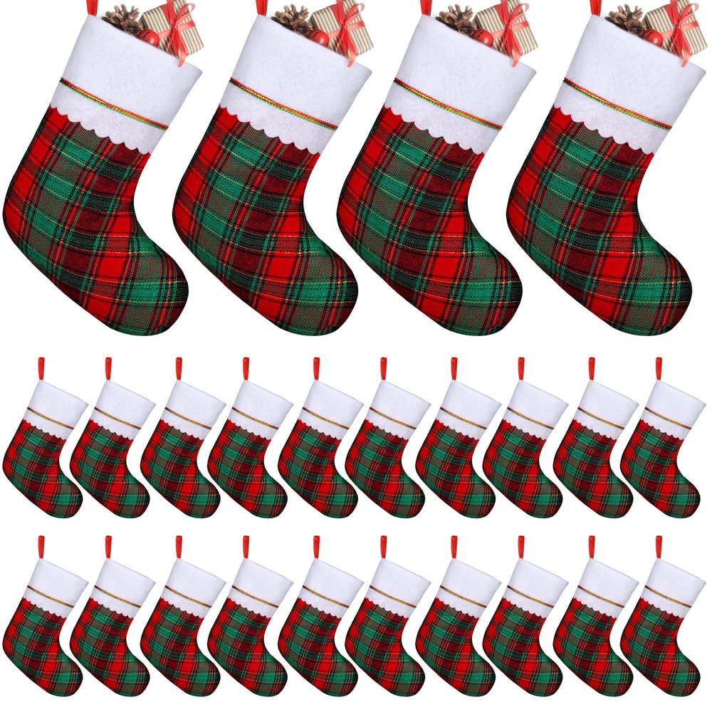 Fovths 24 Pack 18 Inch Red Green Buffalo Plaid Christmas Felt Stockings with White Plush Trim Large Red Buffalo Plaid Fireplace Hanging Stockings for Family Holiday Decoration Christmas Party Favors