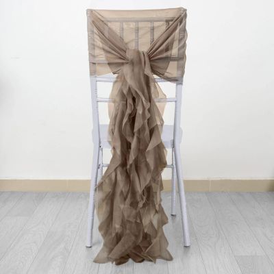 Balsa Circle 50 Taupe Premium Curly Chiffon Chair Cover Caps with Sashes for Wedding Party Ceremony Reception Decorations Washable Elegant Chair Decor