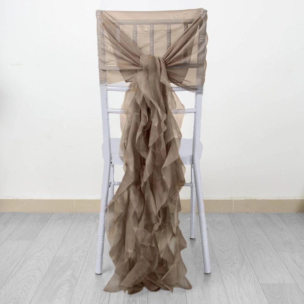 Balsa Circle 50 Taupe Premium Curly Chiffon Chair Cover Caps with Sashes for Wedding Party Ceremony Reception Decorations Washable Elegant Chair Decor