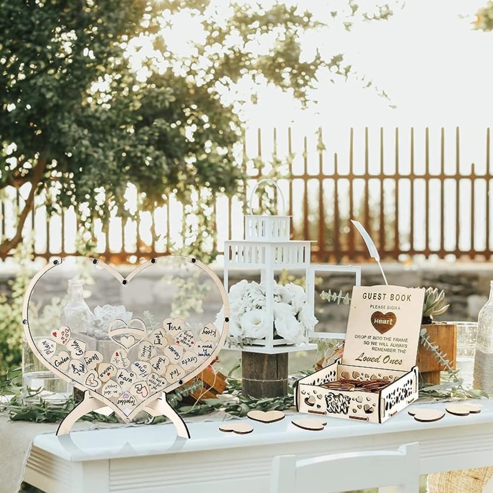 Qivine Guest Book Alternative, Wooden Heart Wedding Decor Guest Book, Acrylic Wedding Souvenirs for Guests with Storage Box Stand for Weddings, Anniversary, Ceremony (Single Heart)