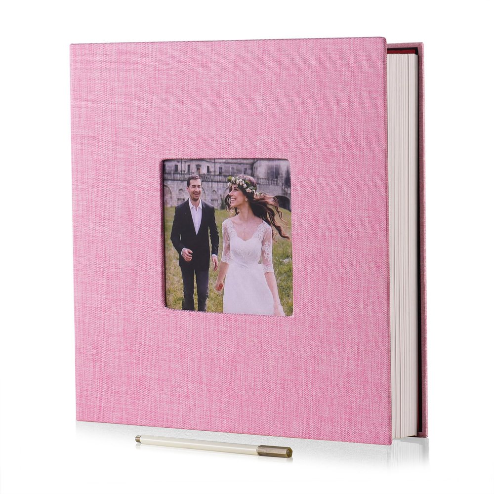 HoneyTolly Large Photo Album Self Adhesive, DIY Scrapbook Album for 4x6 8x10 10x12 Pictures, 60 Pages Linen Cover Memory Book, Ideal Gift for Family Wedding Baby Christmas Anniversary(Pink)