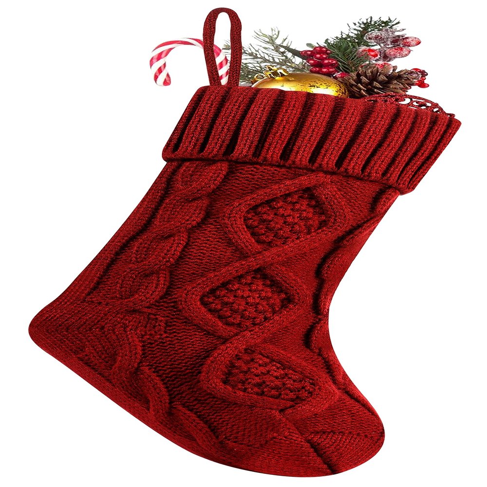 Fesciory 1 Pack Christmas Stockings, 14 Inches Cable Knitted Stocking Gifts & Decoration for Family Holiday Xmas Party Decor, Burgundy
