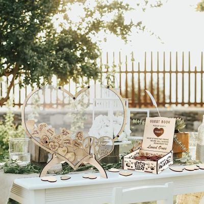 Qivine Guest Book Alternative, Wooden Heart Wedding Decor Guest Book, Acrylic Wedding Souvenirs for Guests with Storage Box Stand for Weddings, Anniversary, Ceremony (C)