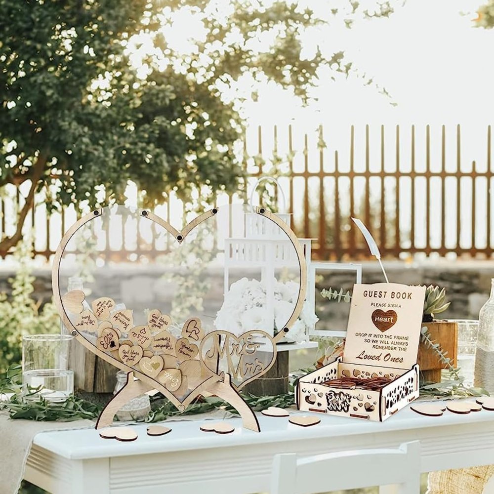 Qivine Guest Book Alternative, Wooden Heart Wedding Decor Guest Book, Acrylic Wedding Souvenirs for Guests with Storage Box Stand for Weddings, Anniversary, Ceremony (C)