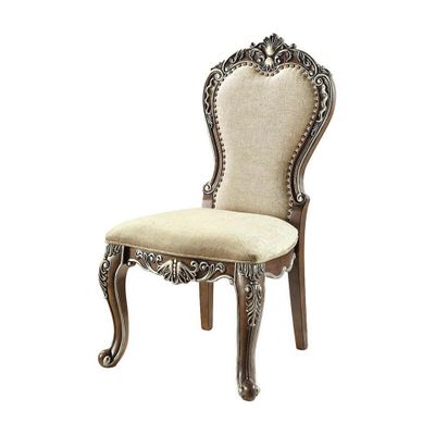 Benjara 24 Inch Side Dining Chair, Set of 2, Vintage Oak Chenille, Beige and Brown